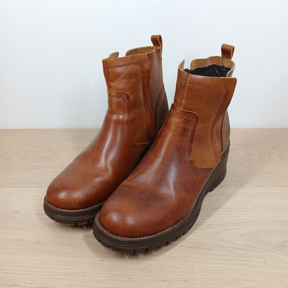 Bull Boxer Boots Womens 8 Brown Leather Wedge Heel Side Zip Comfort Streetwear